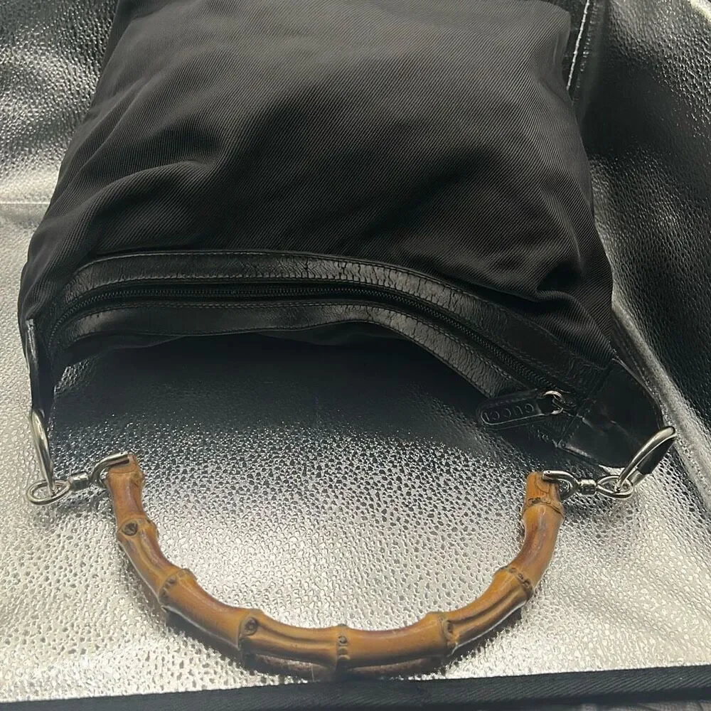 Gucci Nylon Shoulder Bag With Bamboo Strap Black Iconic Summer Tropical Luxury